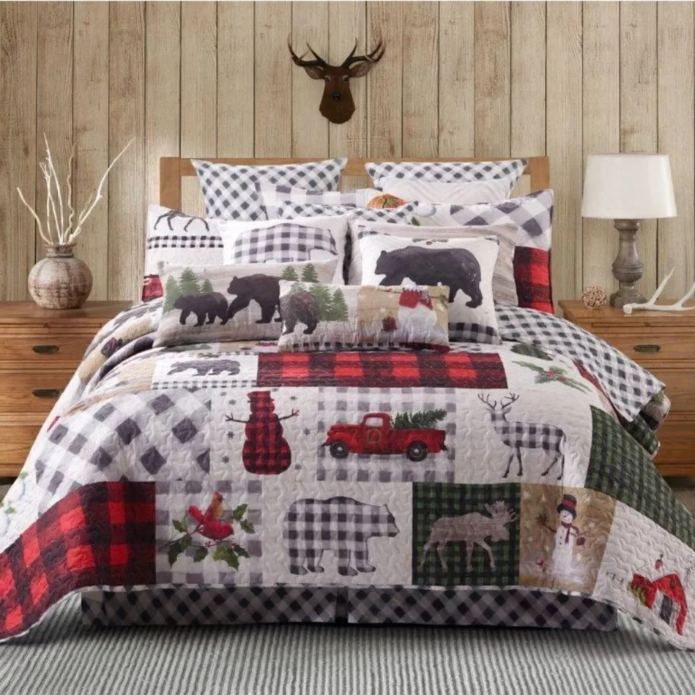Merry Christmas Winter Lodge Printed QUEEN Quilt Set Holidays Red Truck